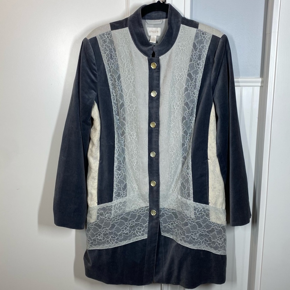Chico’s Silver Treasure Artisan Duster Jacket Art‎ to Wear size 2 Medium Velvet